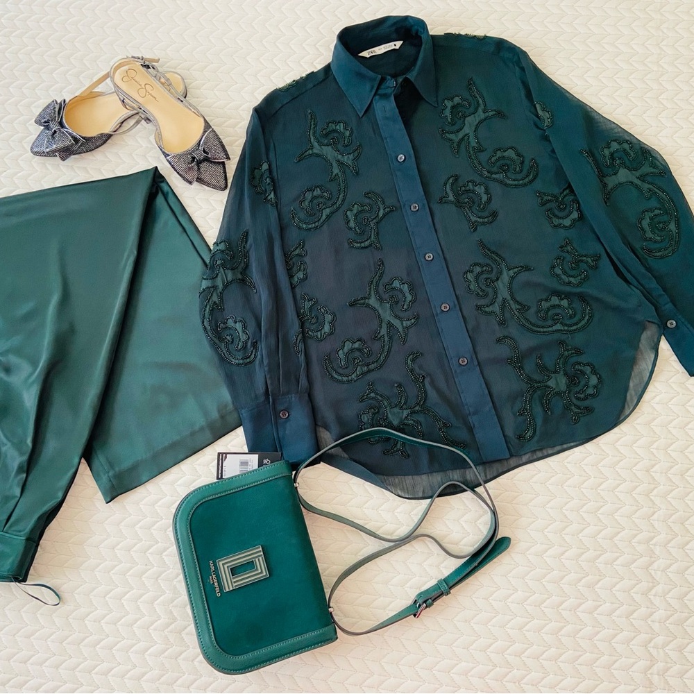 Zara Dark Green Embroidered Blouse and pant  Set